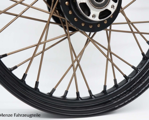 Motorrad Speichensatz in bronze pulverbeschichten. Felgenring & Radnabe in schwarz glänzend.