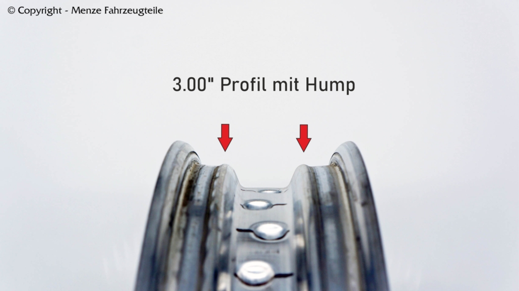 3.00 Zoll Felgenring mit Hump. Felgenprofil mit Punzungen mittig.