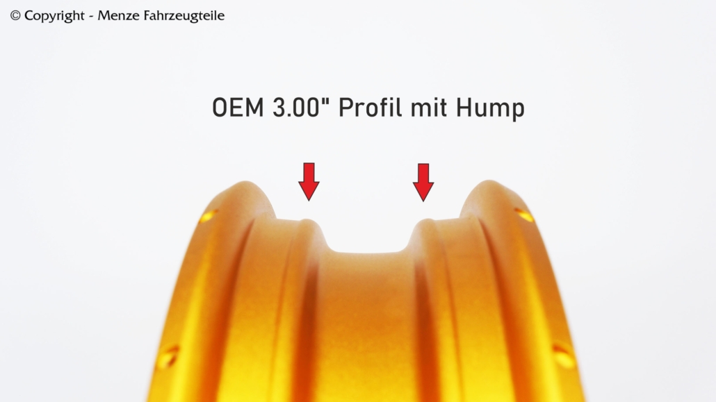 OEM 3.00 Zoll Felgenring mit Hump. Felgenprofil mit Speichenbohrungen außen.