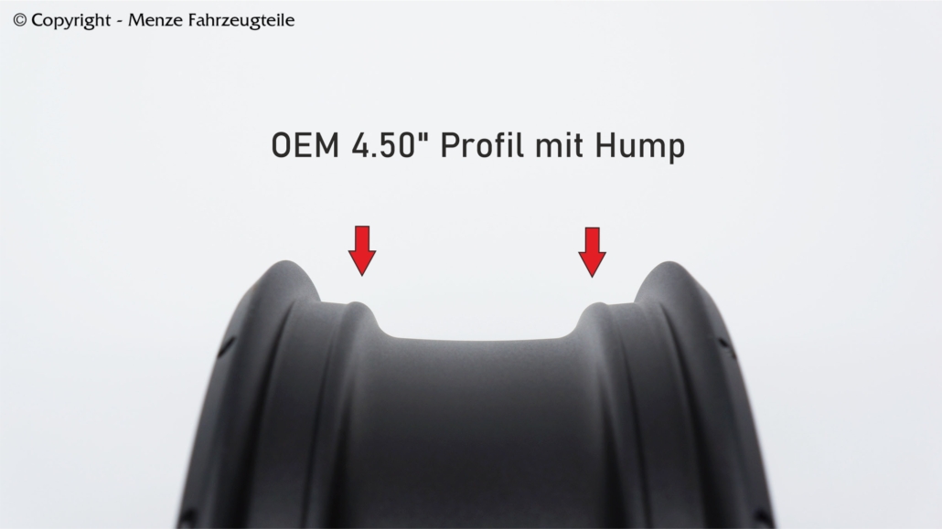 OEM 4.50 Zoll Felgenring mit Hump. Felgenprofil mit Speichenbohrungen außen.